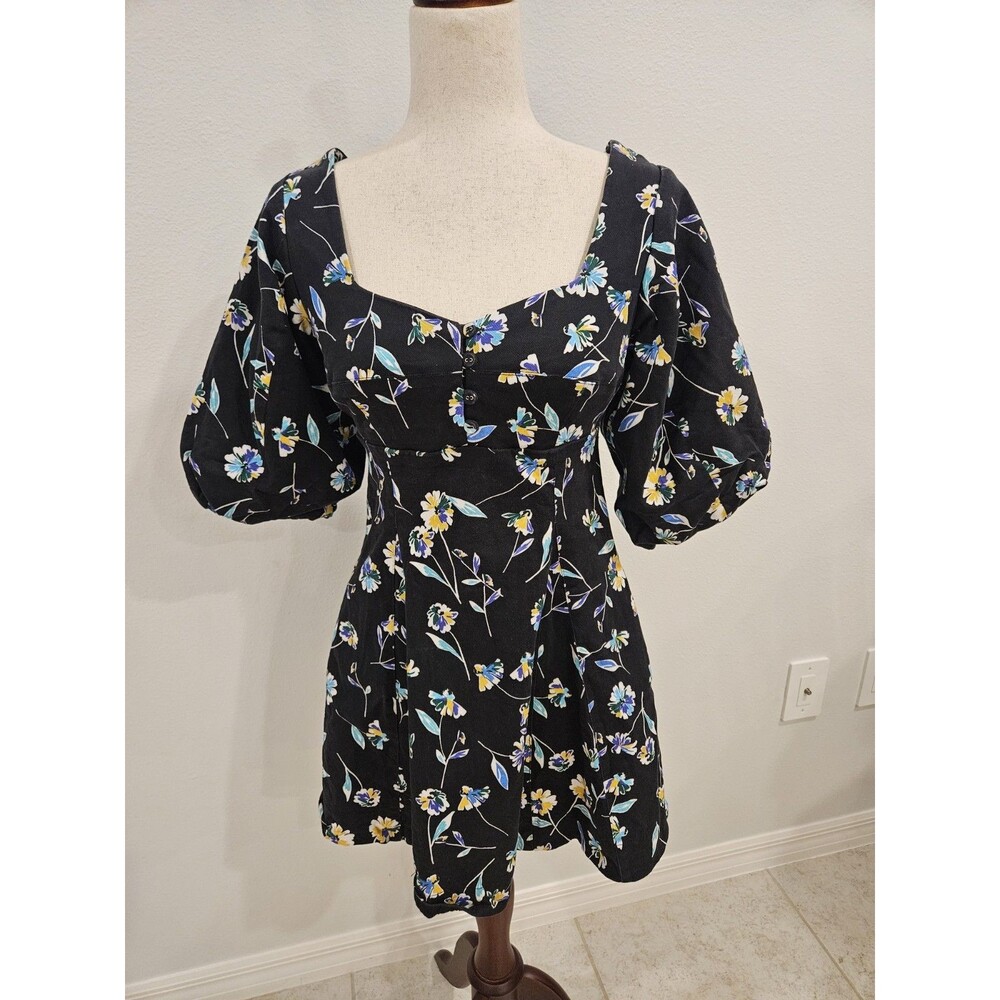 Nicholas Black Floral Puff Sleeve Dress US 6 Square Neck Fit & Flare